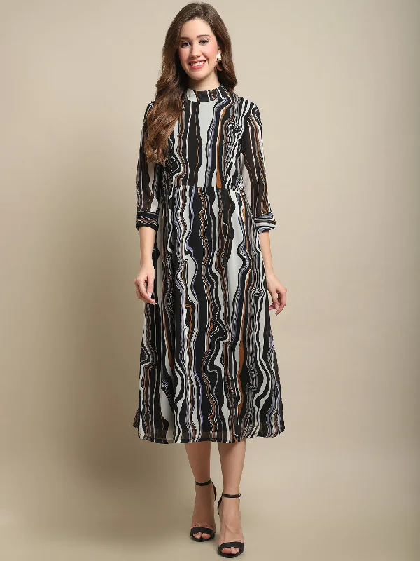 Classic Charm Women's Casual High neck Black Abstract Print Fit & Flared Dress