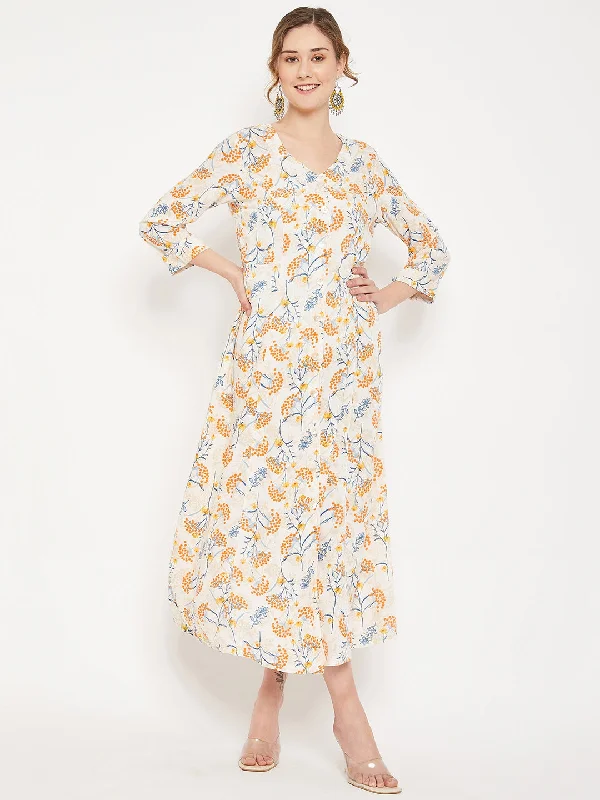 Trendy Street Style Women's Casual V neck Ivory Floral Print Fit & Flared Dress