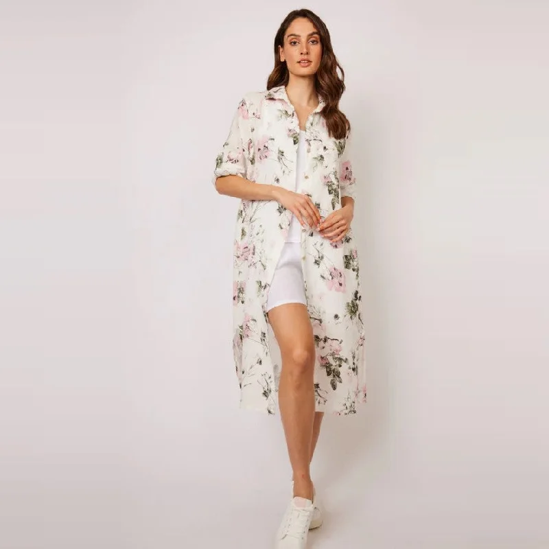 Trend Driven Wardrobe Maxi Linen Blouse Dress (Pink Floral Print)