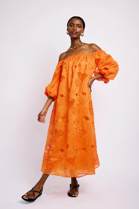 Online Boutiques Clothing Off the Shoulder Anglaise Dress in Coral