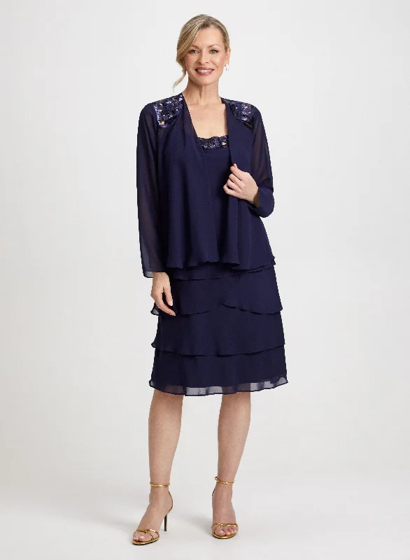 Break Fashion Norms Sequin Trim Chiffon Dress & Jacket Set
