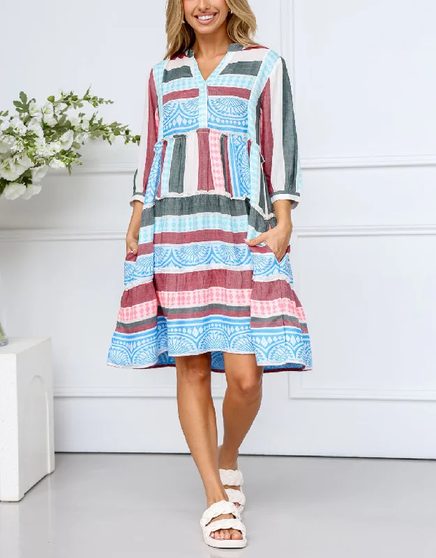 Elegant Women's Attire Mediterranean Dress - Blue/Pink/Charcoal