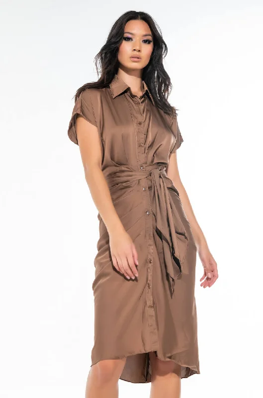 Chic Style, Always In Vogue WEDDING GUEST READY SATIN TIE FRONT DRESS BROWN