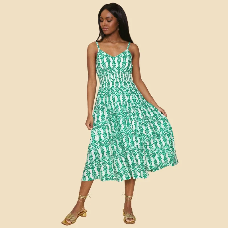 Women's Clothes Online Shopping Printed Smock Waist Dress (White + Kelly Green)