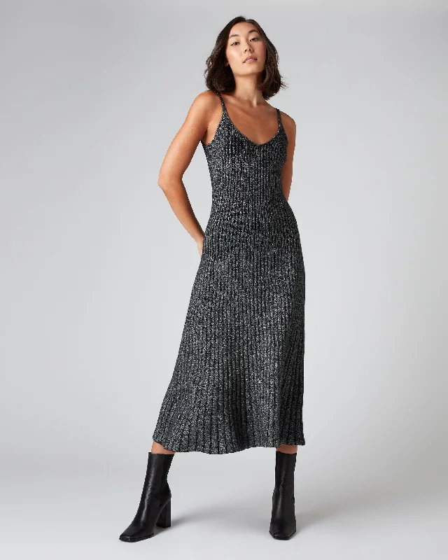Vintage-Inspired Garments Women's Plated Lurex Rib Cashmere Dress Silver Grey Sparkle