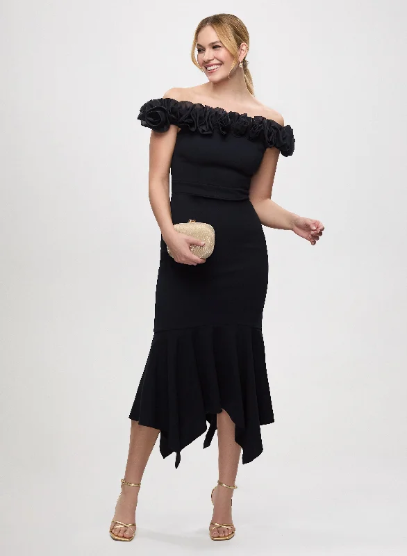 Trendy Women's Collection Bardot Organza Rosette Dress