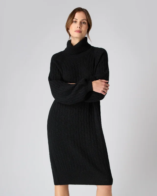 Modern Women's Apparel Women's Roll Neck Cable Cashmere Dress Black
