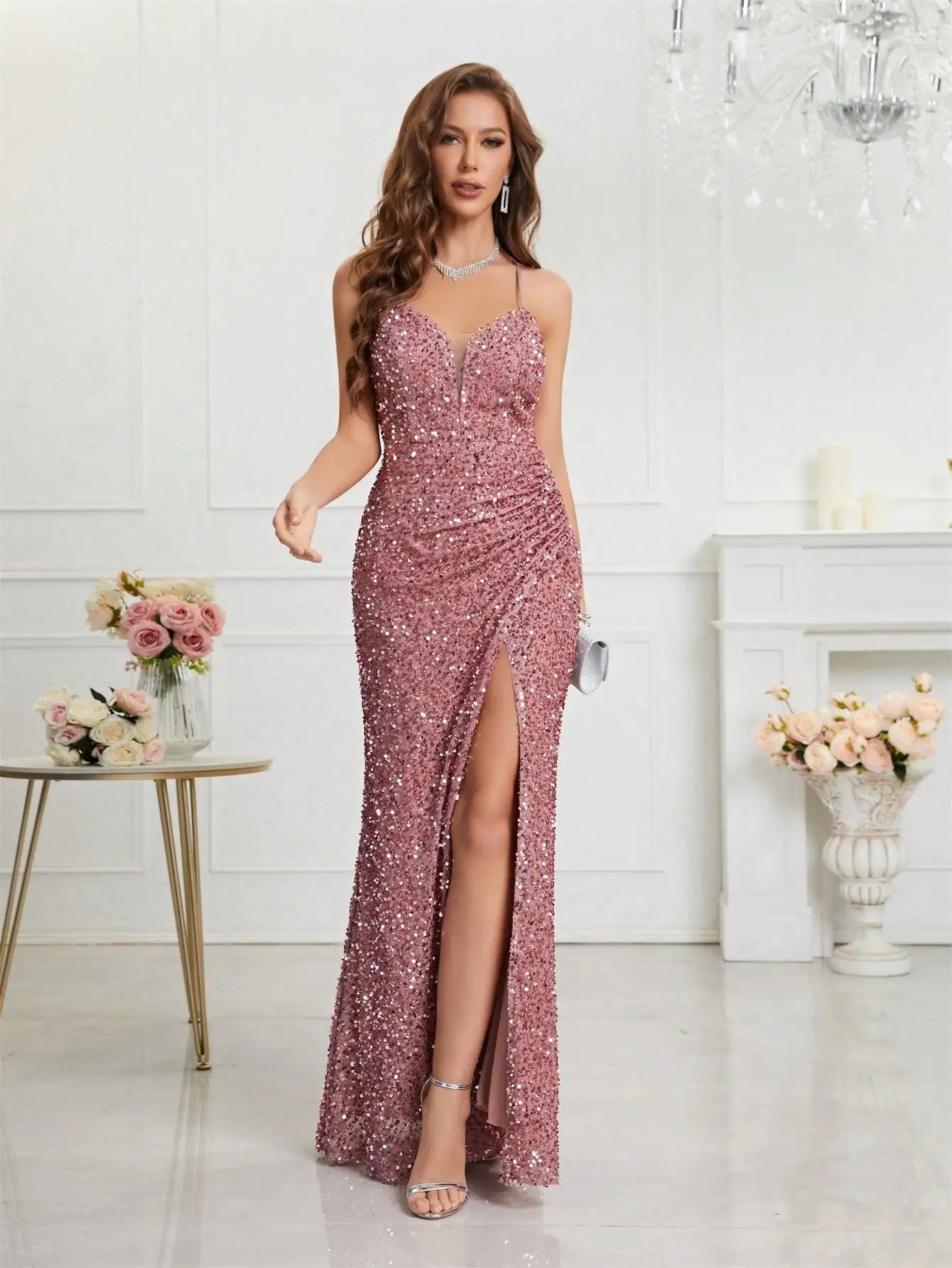 Women's Festive Attire Women's Sequin Spaghetti Strap Fashion Design Split Dresses (Long)