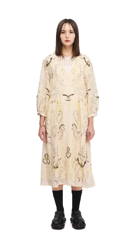Unique Women's Fashion Pieces French Curve Ruler Print Puff-Sleeves Dress