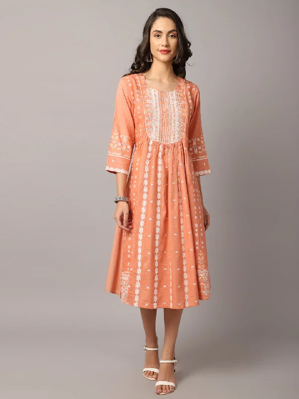 Women's Evening Wear Outfit Women's  Round neck Peach Geometric Print Flared Dress