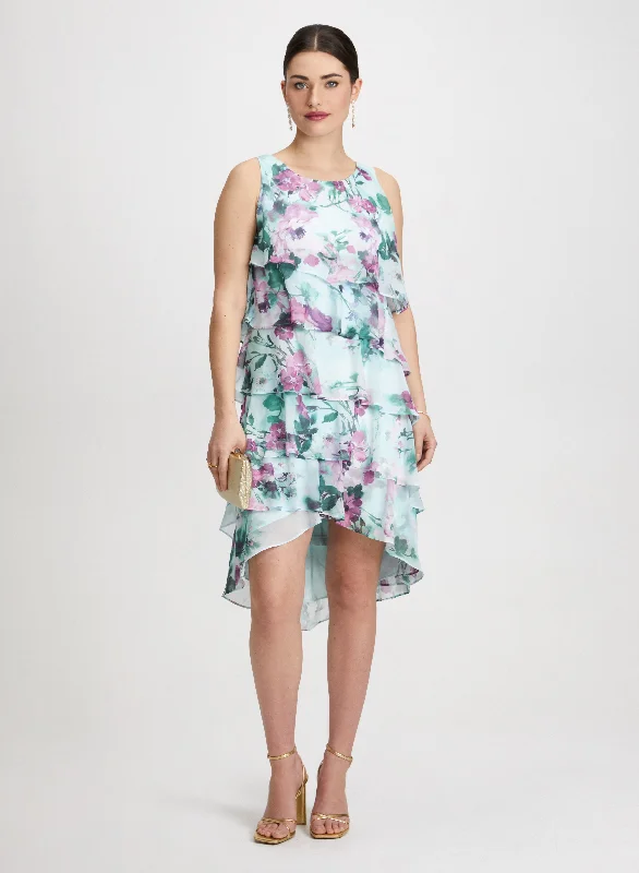 Save Big Floral Asymmetric Tiered Dress