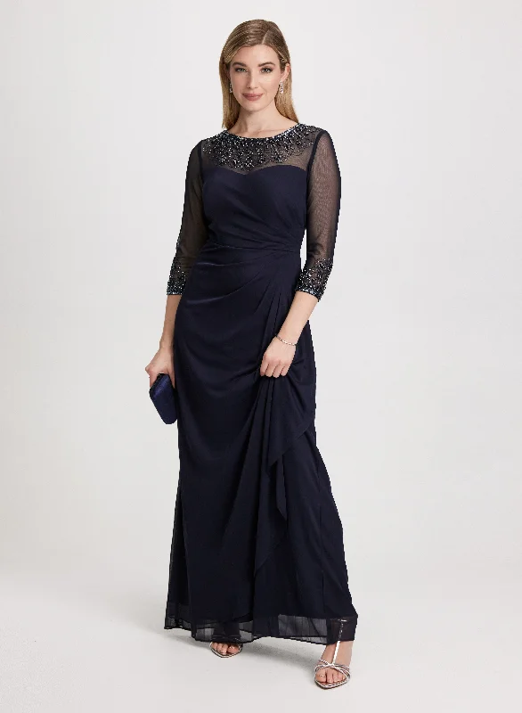 Big Savings Beaded-Neck Long Flounce Dress