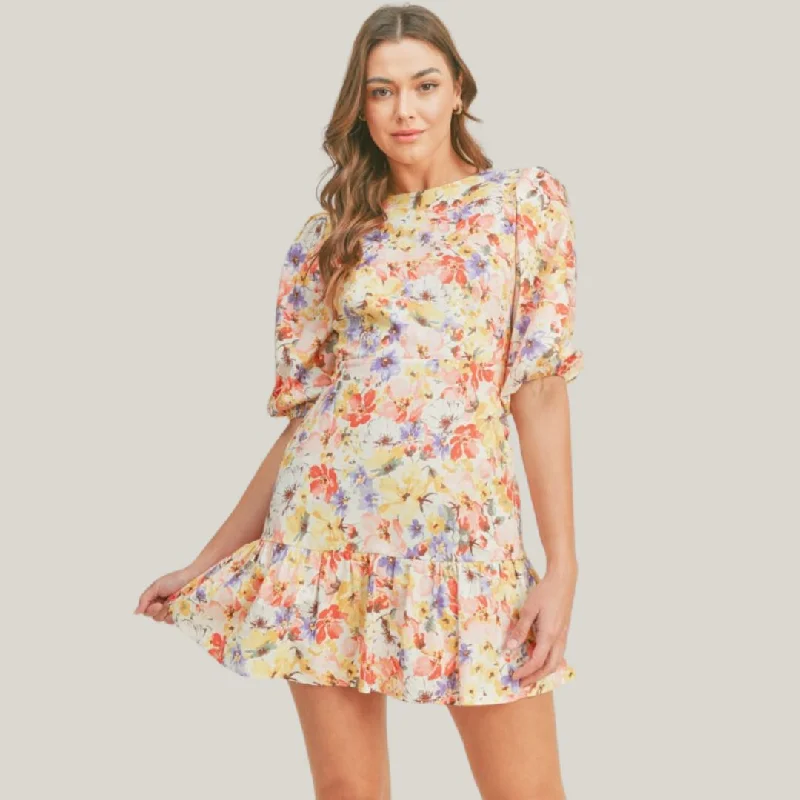 Women's Clothes for All-Day Comfort and Style Floral Print Back Detail Dress (Yellow Multi)