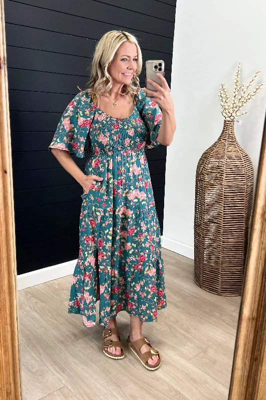 Exclusive Designer Style Deals Teal & Coral Floral Smocked Dress