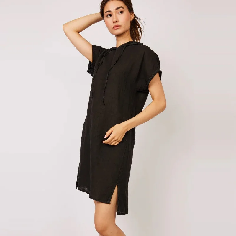 Spring Wardrobe Linen and Jersey Cotton Hooded Dress (Black)