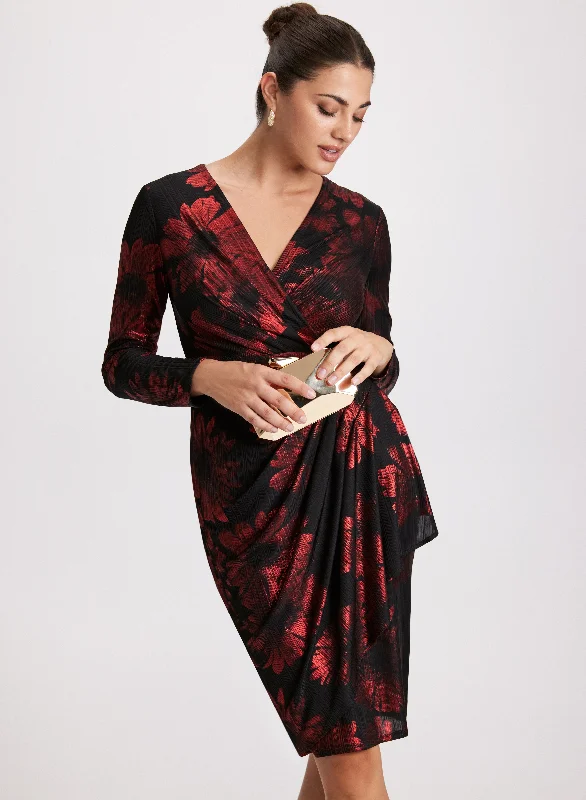 Charming Women's Outfit For Special Occasions Floral Print Metallic Detail Dress