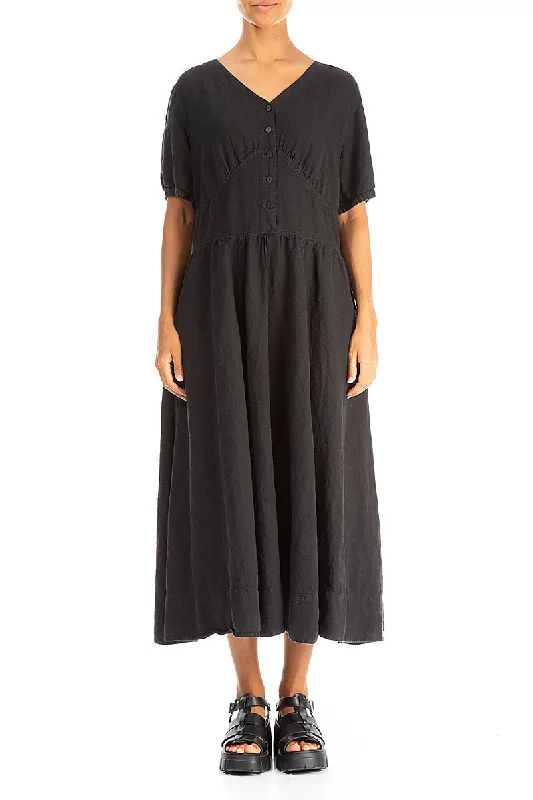 Sleek Design Buttoned Black Linen Dress