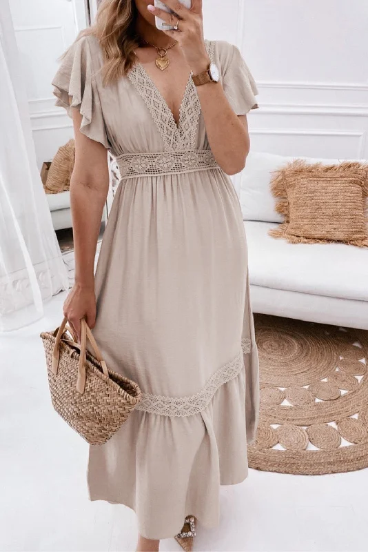 Special Offers You Can't Miss Lace V Neck Ruffled Sleeve Empire Waist Dress