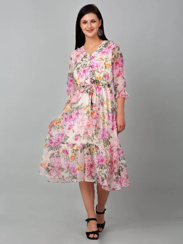 Hot Trends Women's Casual V neck Multi Color Floral Print Fit & Flared Dress