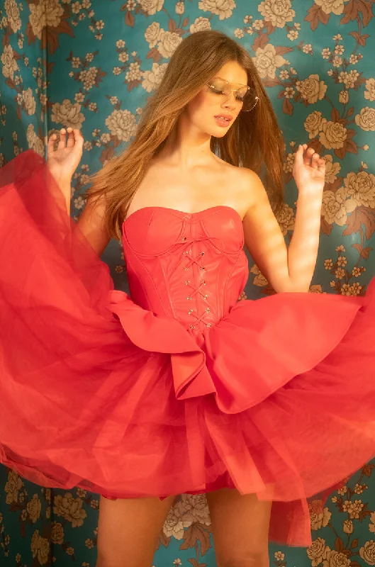 Affordable Women's Attire ULTRA FAB FASHION DRESS WITH ATTACHED CORSET AND TULLE SKIRT DARK PINK