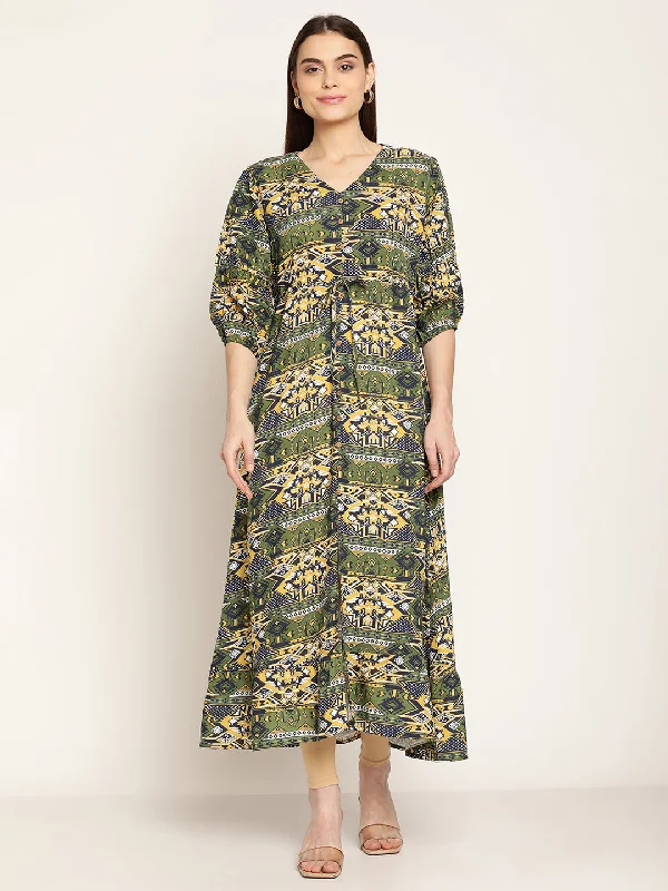 Elegant Styles Women's Casual V neck Green Abstract Print Fit & Flared Dress