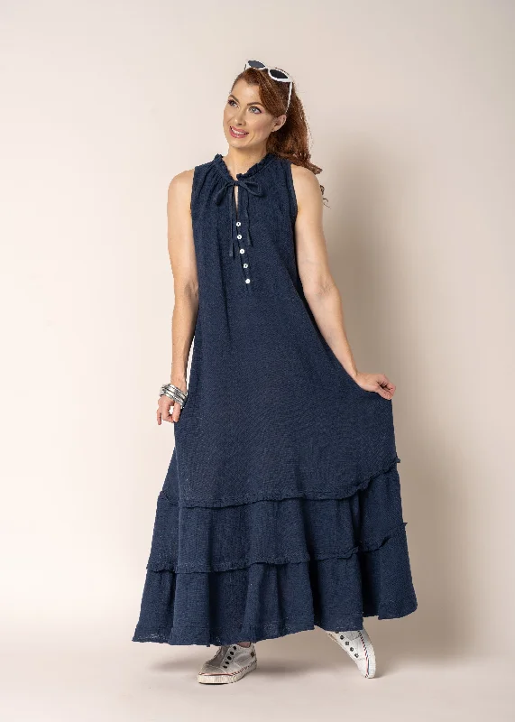 Rocker Chic Fashion Lyla Linen Dress in Navy
