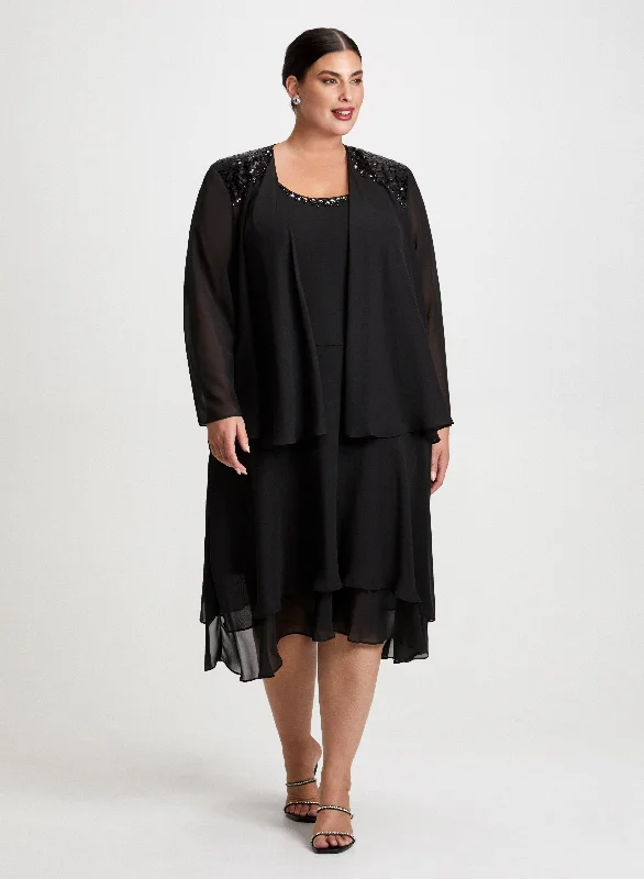 Browse Our Top Products Beaded Trim Chiffon Dress & Jacket Set