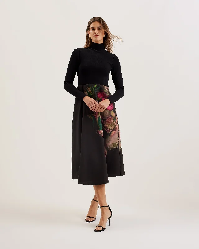 Summer Splash Sale Asnes Knit Bodice Dress With Printed Wrap Skirt Black