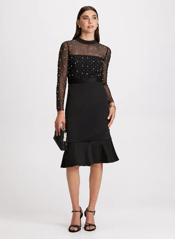 Fashion Forward Style Pearl Embellished Mesh Detail Dress