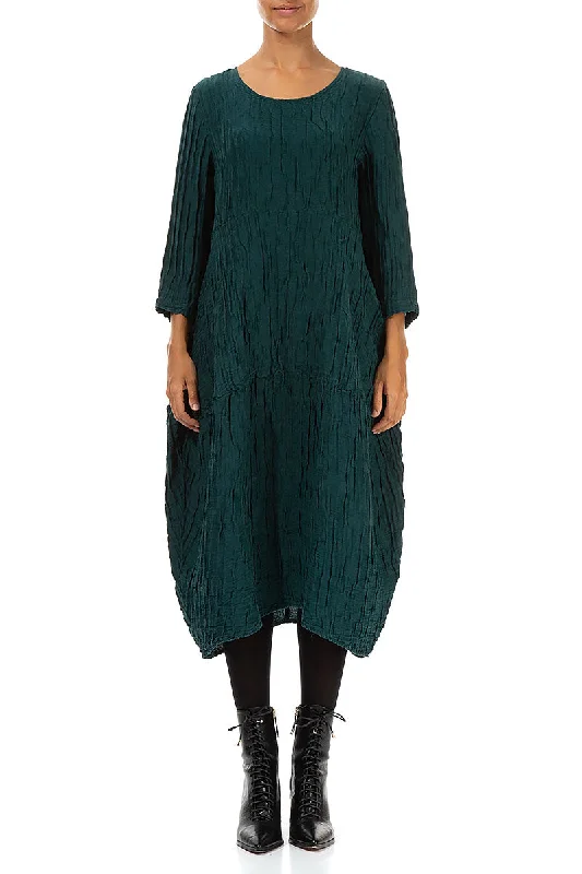 Vintage-Inspired Garments Balloon Crinkled Emerald Silk Linen Dress