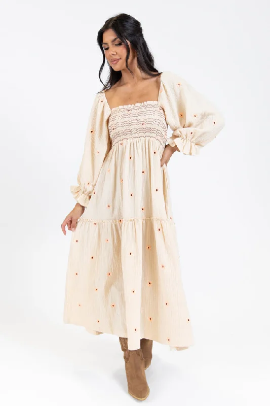 New In This Season Dress To Impress Beige Floral Stitched Smocked Top Dress