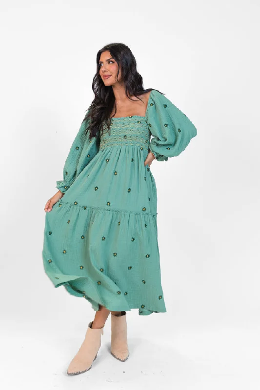 Flirty Fashion Discounts Dress To Impress Sage Floral Stitched Smocked Top Dress