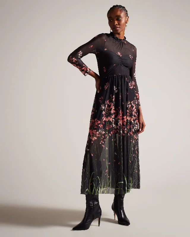 Limited Time Deal Susenaa Floral Mesh Midaxi Dress Black