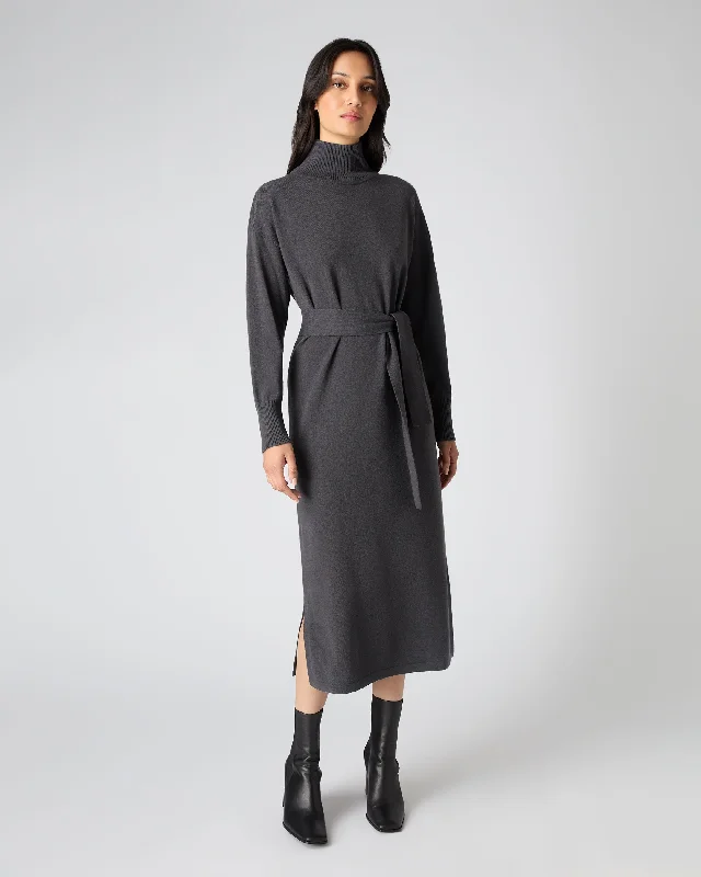 Classic Women's Fashion Women's Long Mock Neck Cashmere Dress Flint Grey
