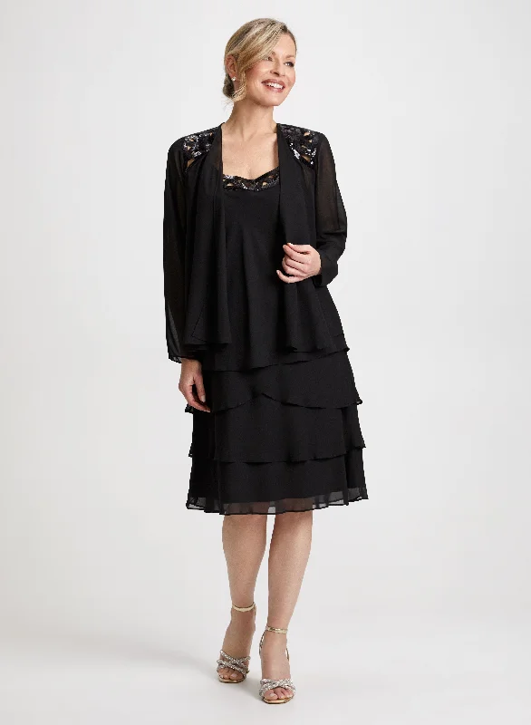 Find Your Unique Flair Sequin Trim Chiffon Dress & Jacket Set
