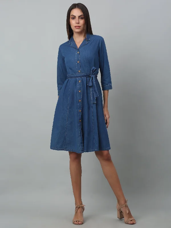 Easygoing Women's Style Women's Casual Shirt Collar Indigo blue Denim Shirt  Dress