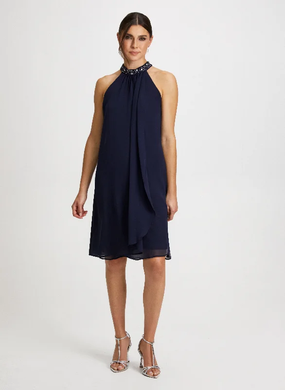 Hot Sale Beaded Neck Chiffon Dress