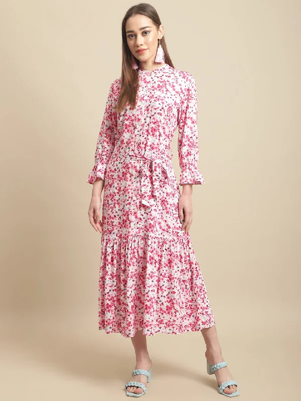 Women Clothes Women's Casual Round neck Red Ditsy Floral Print Fit & Flared Dress