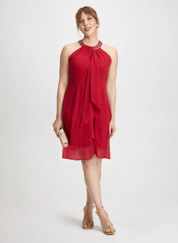 Exclusive Sale On Women's Fashion – Shop Now For Less Beaded Halter Neck Chiffon Dress