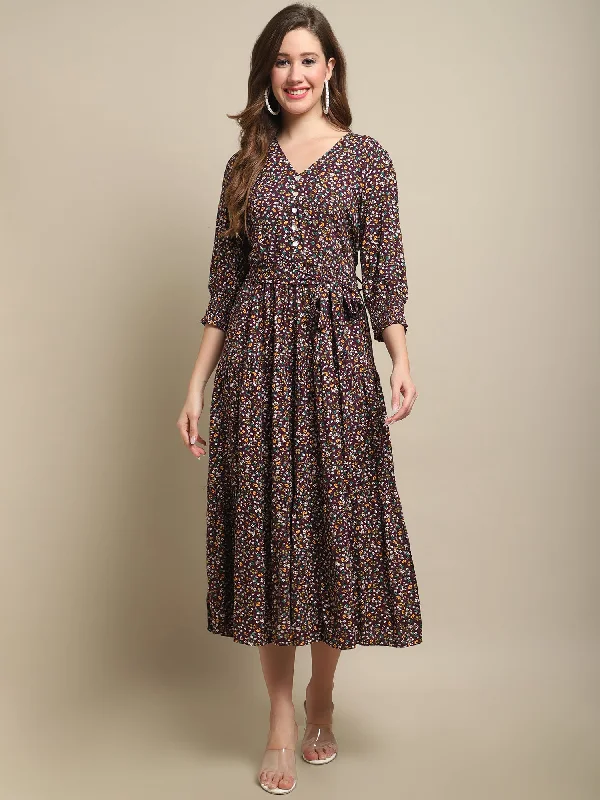 Stylish Basics Women's Casual V neck Wine Ditsy Floral Print Fit & Flared Dress