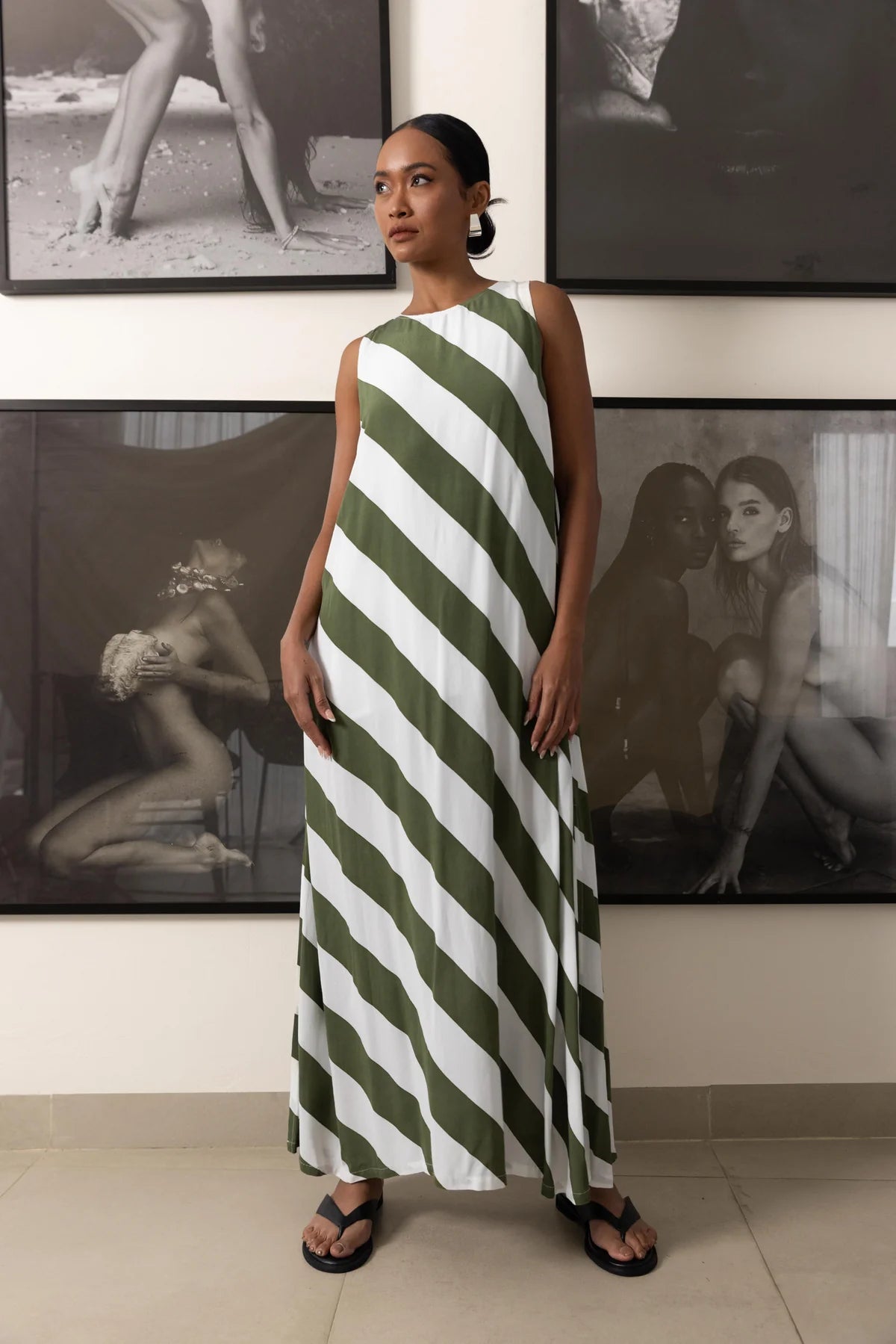 Women's High Street Fashion Blak The Label Finally Here Dress - Dried Mint/Ivory Diagonal Stripe