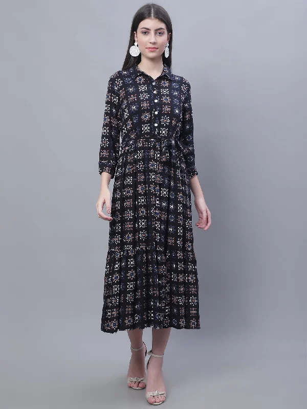 Trend Forward Women's Wear Women's Casual Shirt collar Black Geometric Print Fit & Flared Dress
