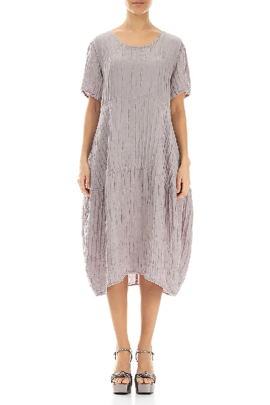 Casual Weekend Relaxed Style Short Sleeves Balloon Crinkled Greige Silk Dress