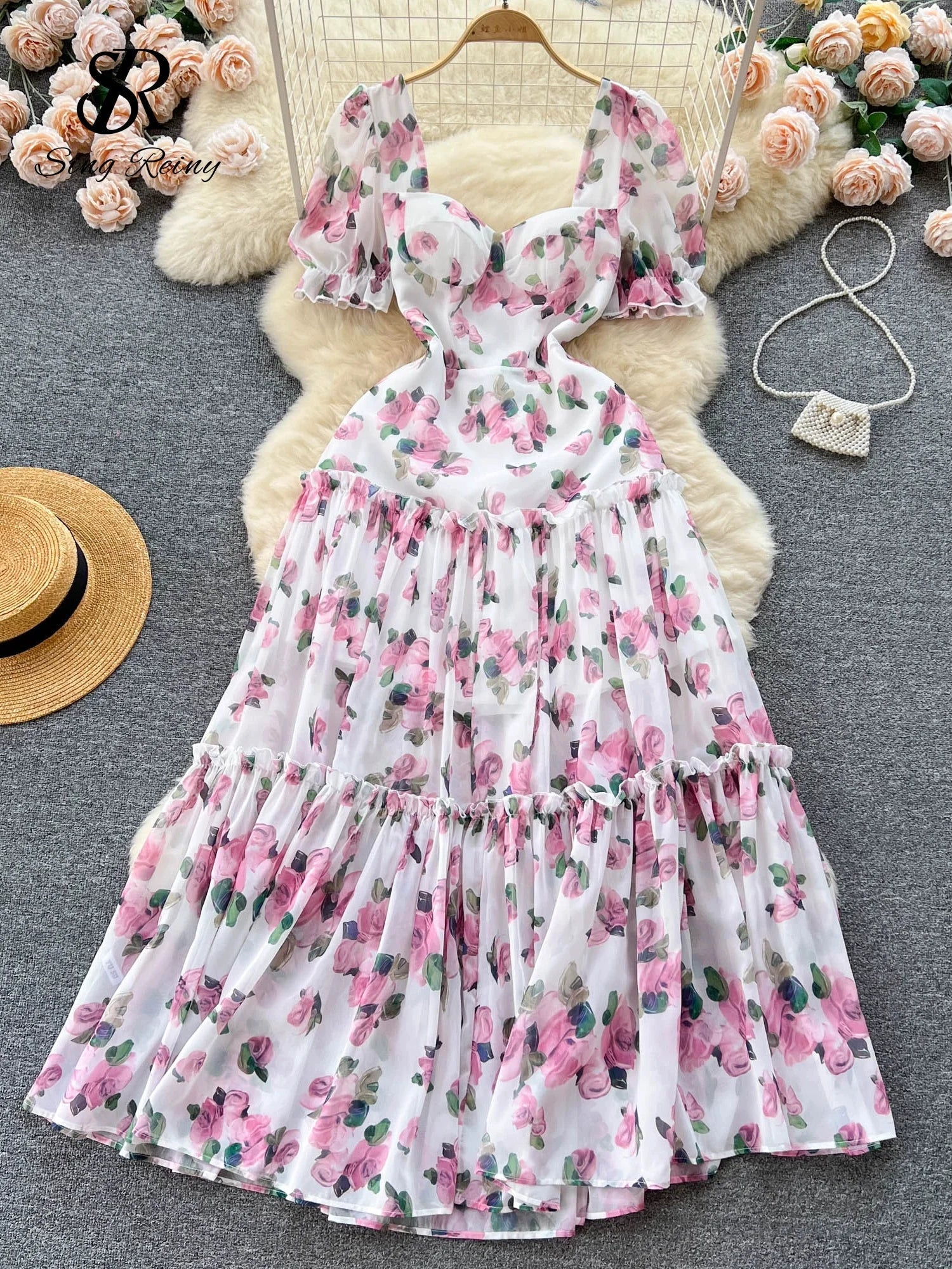 Effortless Style, Endless Impact Women's Floral Fashion Designer Backless Lace Up Dresses (Long)