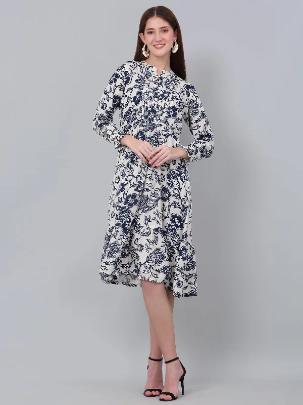 Minimalist Elegant Women's Casual Mandarin collar Blue Floral Print Fit & Flared Dress Minimalist Elegant Women's Casual Mandarin collar Blue Floral Print Fit & Flared Dress