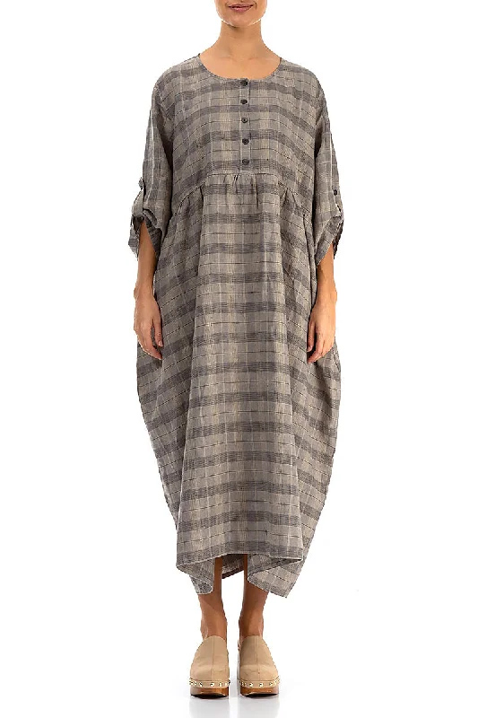 Style Upgrade Buttoned Greige Check Linen Dress