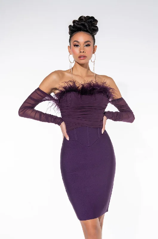Durable Fashion Picks BLAIR OFF THE SHOULDER BANDAGE DRESS WITH FEATHERS