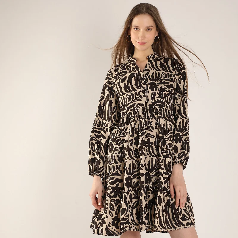 Limited Time Special Offer Printed Above Knee-Length Collared Scarlet Tiered Dress