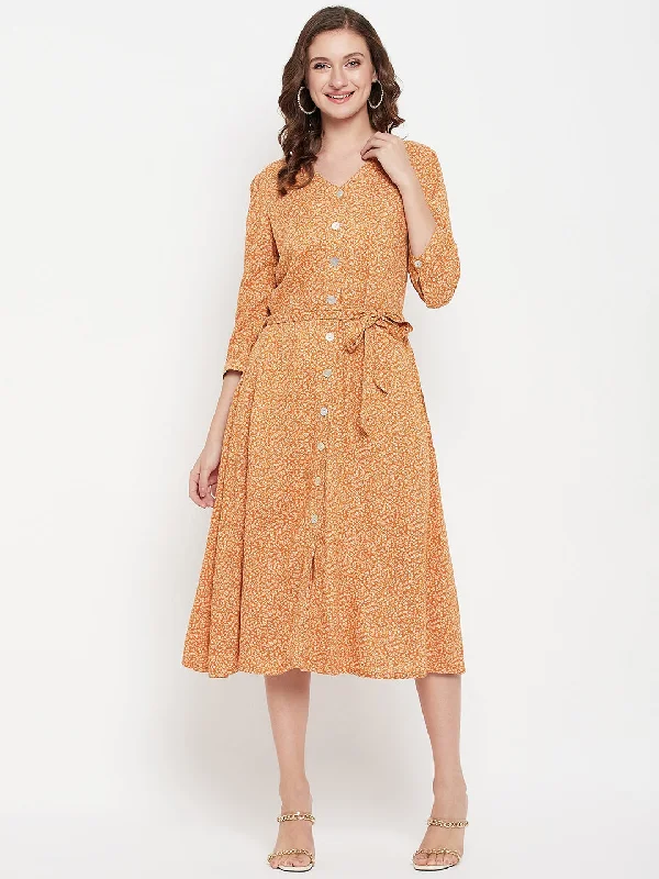 Chic Trends Unveiled Women's Casual V neck Orange Ditsy Floral Print Fit & Flared Dress