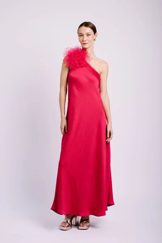 Women Wear Brands Asymmetrical Flower Dress in Cerise